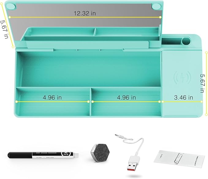 TOWON Desktop Glass Whiteboard with Charger Pad, Whiteboard for Desk with Charging Station, Desk Buddy Dry Erase with Charger for Home Office, Dry Erase Computer Desk Notepad, Teal Blue, 17 x 6 Inches