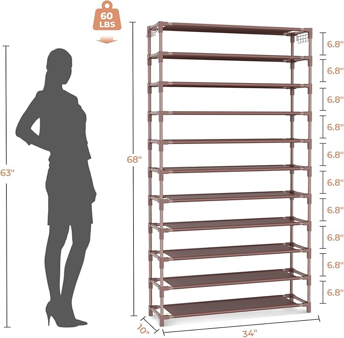 11 Tiers Tall Wide Shoe Rack 55 Pairs Large Capacity Sturdy Durable Shoe Rack for Closet Metal Shoe Organizer Shelf with Two Hooks Space Saving for Entryway Brown