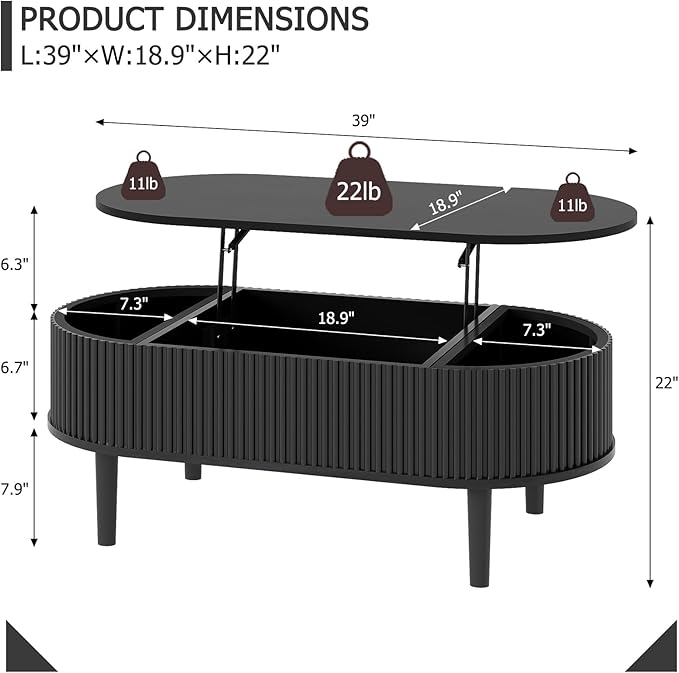 Ludatido 39 Inch Lift Top Coffee Table with 3 Storage for Living Room, Oval Coffee Table with Hidden Compartment, Fully Wooden Center Easy to Assembled for Home Living Room Office Black