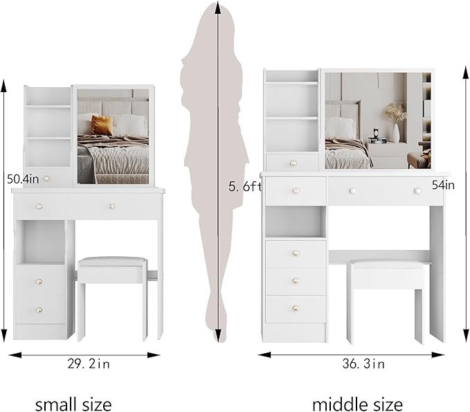 KEIKI Vanity Desk with Mirror & Cushioned Stool, 29.2'' Makeup Dressing Table Set with 5 Drawers for Tiny Bedrooms, Dorms, Apartments, White