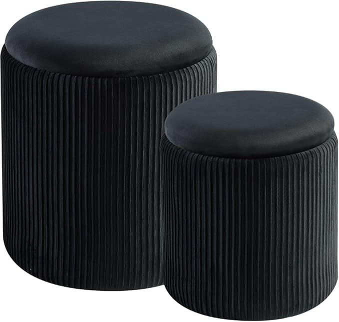 Round Ottoman with Storage Set of 2-Upholstered Sherpa Vanity Stool for Makeup Multifunctional Ottomans Coffee Table Padded Seat Foot Rest (Black)