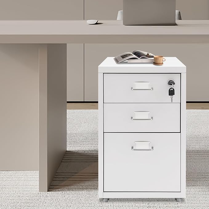 3 Drawer Rolling File Cabinet with Lock, 11 x 16 x 18.3in Filing Cabinet with Wheels, Wood Under Desk Office Storage Cabinet fits A4, Letter Sized Documents for Home Office (White)