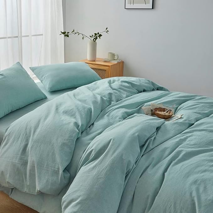 FACE TWO FACE Bedding Duvet Cover Set100% Washed Cotton Duvet Cover Linen Like Textured Breathable Durable Soft Comfy (Full, Dusty Blue)