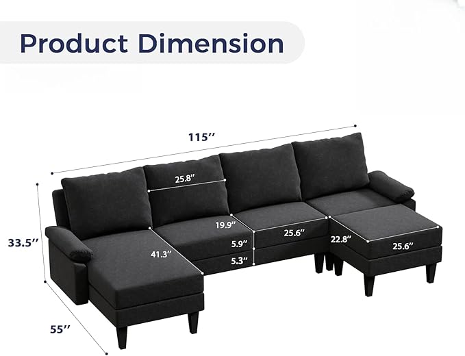 FONTOI 115 Inch U Shaped Sectional Couch with Chaise, 5-Seat Sofa with Moveable Ottoman, Modern Modular Sofa for Living Room, Apartment, Black