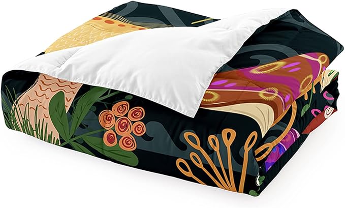 Cartoon Mushrooms Bedding Set, Girls Boys Ultra Soft Comforter Set Queen Size, Cute Plants Printed Quilt for Teens, Lovely Black Microfiber Comforter for All Season 3Pcs with Pillowcases