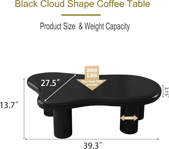 40 Inch Black Cloud Shaped Coffee Table for Living Room Matte Black