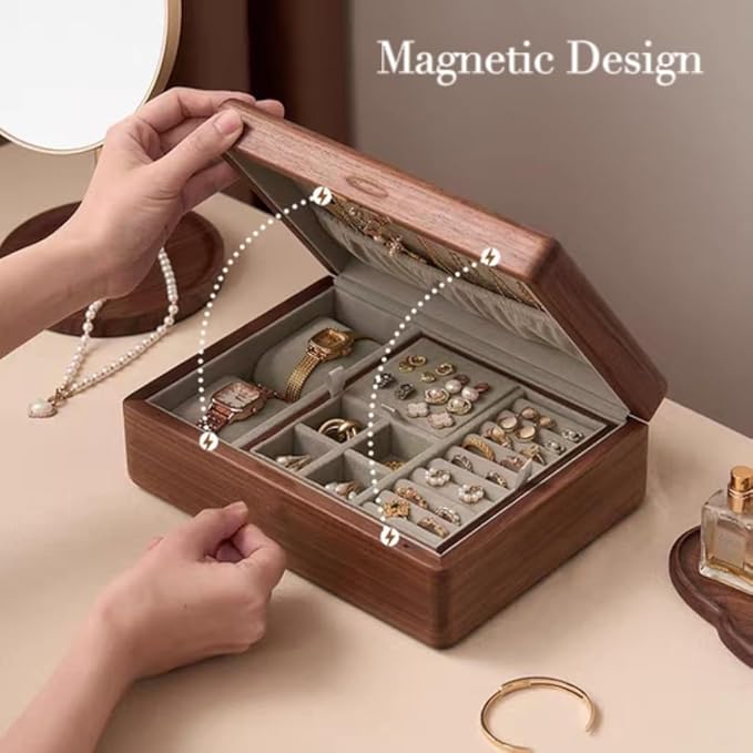Bescott 2 Layer Solid Black Walnut Wooden Jewelry Box for Women Wood Vintage Organizer for Men Earrings Rings Necklaces Bracelet Watch Storage Mother's Day Gift