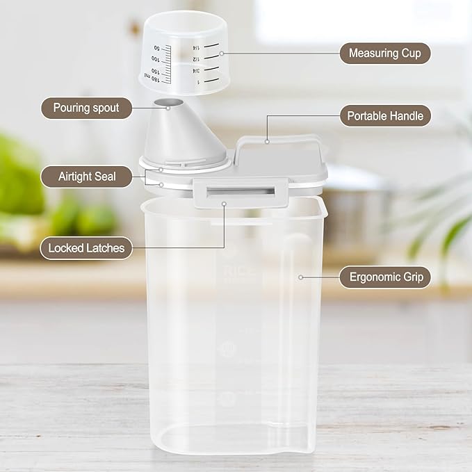 TBMax Rice Storage container 4 Lbs, Small Rice Dispenser with Measuring Cup, Grey Cereal Containers Flour Bin, Kitchen Food Storage Container and Pantry Organizers, Pet Dog Cat Food Dispenser