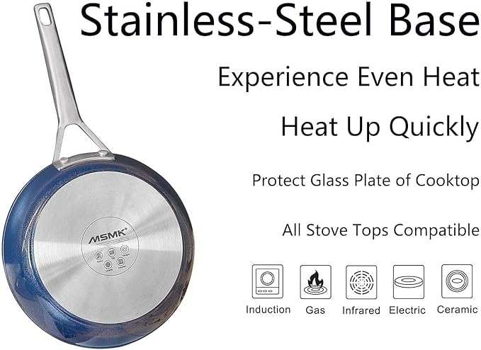 MsMk Non stick frying pan set with lid Blue, 12-inch Durable skillet, Titanium and Diamond Non Stick Non-Toxic Coating From USA, Even Heating, Easy Clean-Up, Comfort Handle, Induction Compatibility