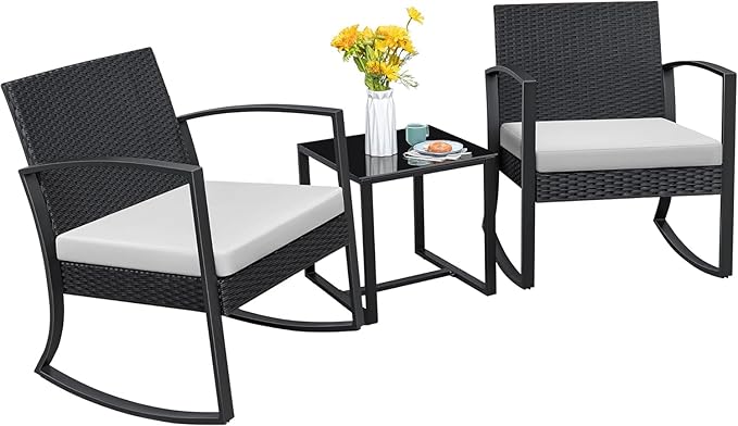 Homall Patio Furniture Set 3 Piece Resin Outdoor Bistro Set Rocking Patio Chairs with Cushions and Table for Porch, Poolside, Balcony and Yard (White)