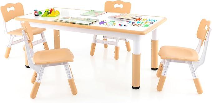 HONEY JOY Kids Table and Chair Set, Height Adjustable Children Activity Table and 4 Chairs Set w/Erasable Graffiti Desktop, Toddler Table and Chair Set for Daycare, Classroom, Home (Natural)