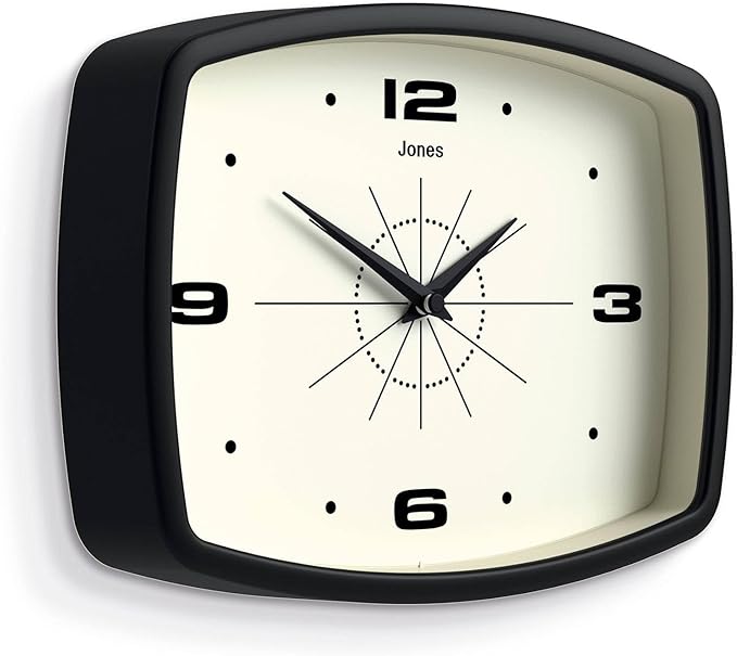 JONES CLOCKS® Movie Wall Clock | Rectangular Retro Clock | 10 inch | Black | Cool mid-Century Designer Look for Kitchen, Living Room or Office