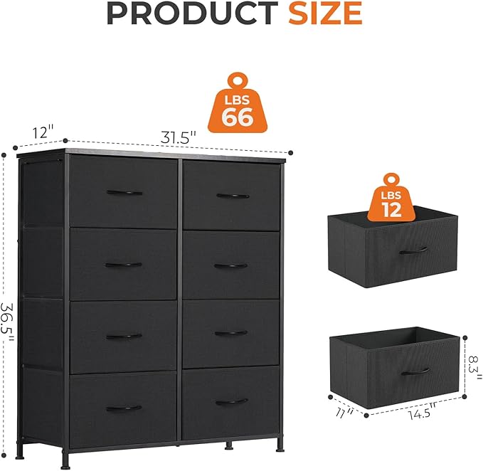 Sweetcrispy Dresser with 8 Drawers for Bedroom, Fabric Dresser Storage Tower, Chest of Drawers Organizer Unit, Storage Cabinet for Hallway, Closets, Steel Frame, Wood Top