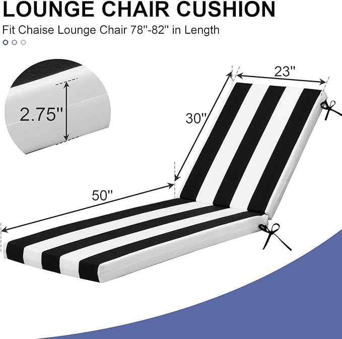Crestlive Products Chaise Lounge Cushions Set of 2, Outdoor Cushions for Patio Furniture, Water Resistant Lounge Chair Cushion for Pool, Deck, Lawn, 80''L x 21''W, Black White Stripe