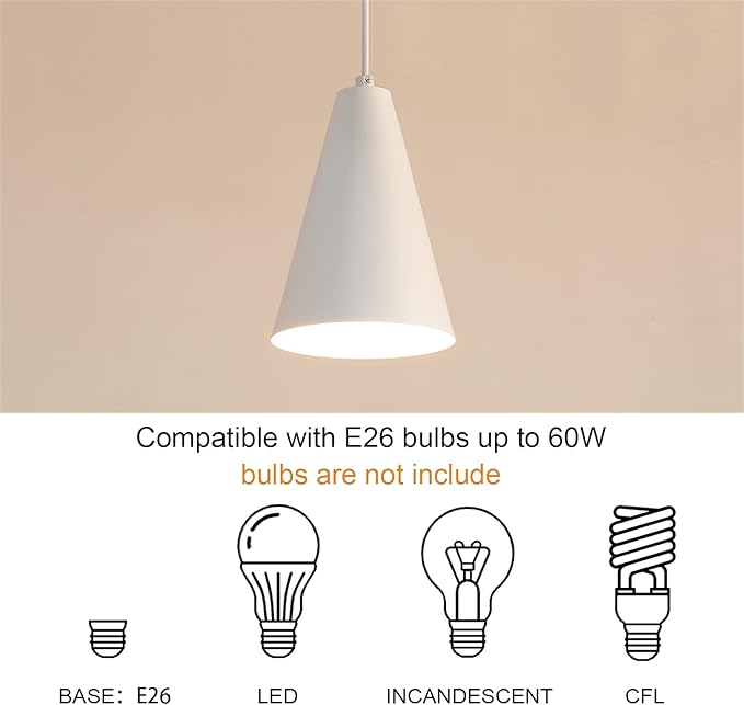 White Plug In Pendant Lights Kitchen Island,Dining Room Light Fixtures Over Table 1 Pack with Cone Metal Shade, Modern Farmhouse Mini Chandeliers with Cord On/Off Switch Hanging Lighting for Sink
