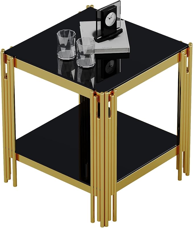 Goujxcy Modern Glass End Table Gold Sofa Side Table with Black Glass Top and Mirror Finish Stainless Steel Legs, Luxury Square Sofa Side Table Coffee Table Bedside Table for Living Room Bedroom (Gold)