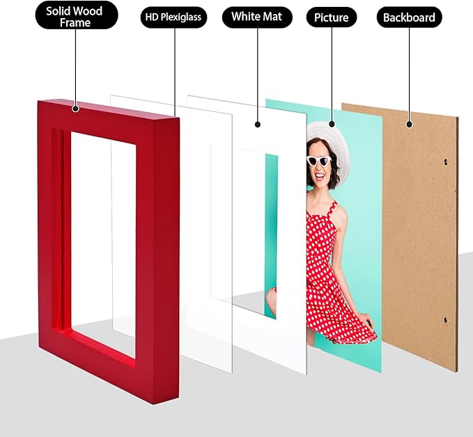 KINLINK 4x6 Picture Frames Red, Solid Wood Frames with Acrylic Plexiglass for 3.5x5 with Mat or 4x6 without Mat, Tabletop and Wall Mounting Display, Set of 4
