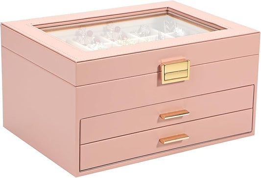 Voova Jewelry Box Organizer for Women Girls, 3 Layer PU Leather Jewelry Storage Case with Glass Lid & 2 Drawers, Large Jewellery Display Holder for Necklaces Rings Earrings Bracelets, Pink