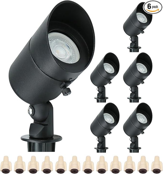 Lumina Lighting® 5W Landscape Lighting 12V Landscape Lights Low Voltage Landscape Spotlights Warm White Waterproof Outdoor Replaceable LED Bulb for Garden,Lawn,Porch,Patio and Yard (Black) (6-Pack)