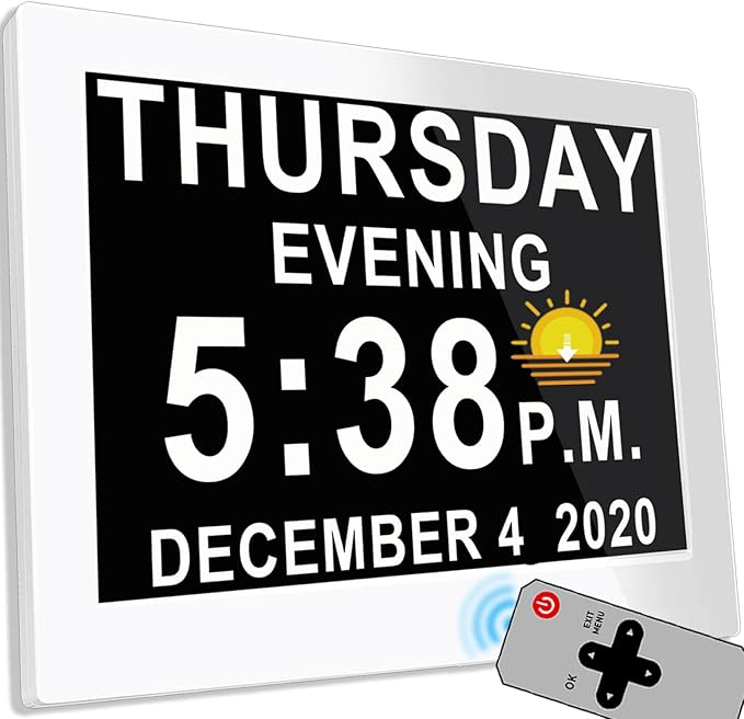 MASSII 8 Inch Extra Large Upgraded Dementia Clock 19 Alarms with Auto DST, 20 Custom Reminders,10-Level Auto Dimmer, 6 Display Modes, Digital Clock with Date and Time, 8" White with Remote