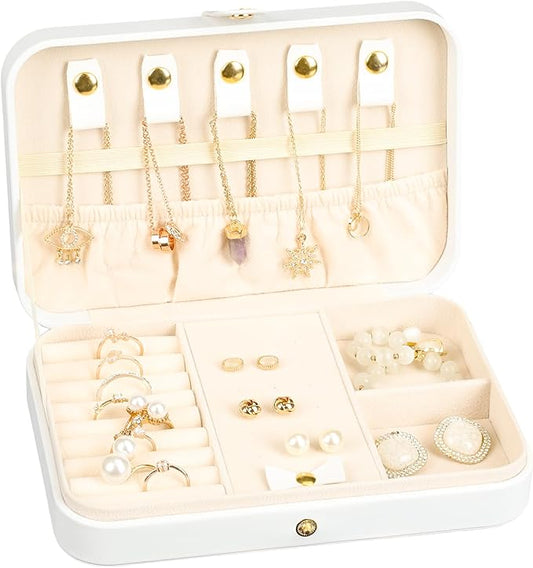 Small Jewelry Box, Travel Jewelry Case Portable Jewelry Boxes for Women, 2-Layer Mini Jewelry Travel Organizer, Gift for Women Girls,White B