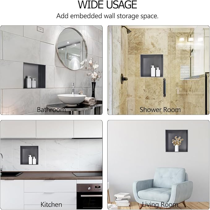 16 x16 Gunmetal Black Bathroom Shower Niche, Luckyhorse 16"x16"x4" Wall-Inserted Rectangular Recessed Bathroom Niche Recessed Shower Niche Shelf for Bathroom Storage