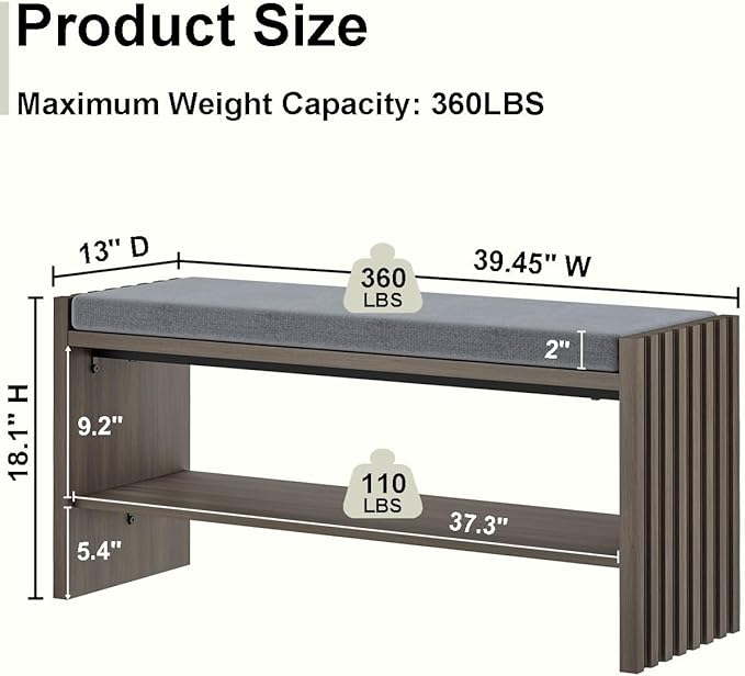 BON AUGURE Shoe Storage Bench, Entryway Bench with Cushion, Ottoman Benches for Bedroom, Living Room, Shoe Rack Seat for Hallway Entry (Greige Oak, 40 Inch Wide)