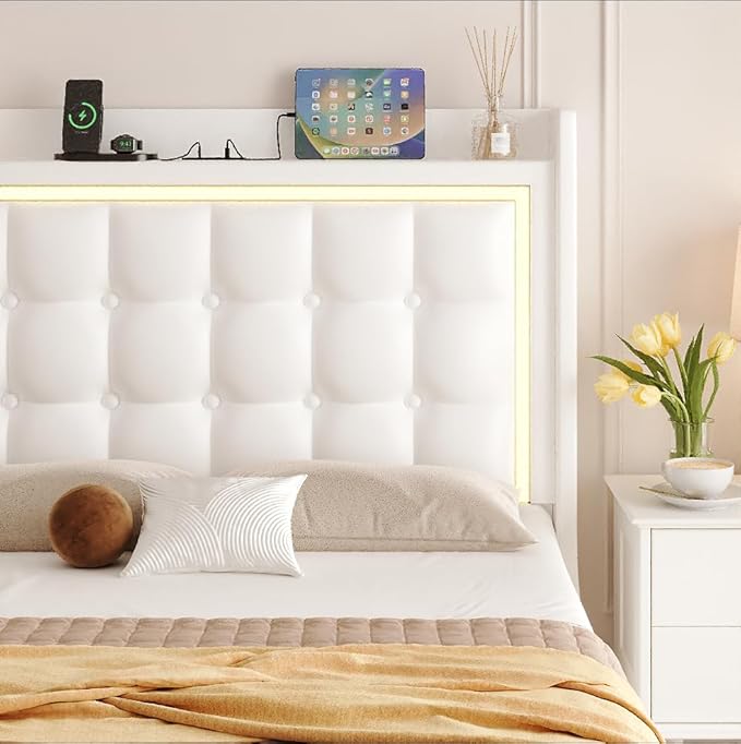 Keyluv Upholstered Full Floating Bed Frame with LED Lights and Charging Station, Pu Leather Platform Bed with Button Tufted Storage Headboard, Type-C & USB Charging Ports, No Box Spring Needed, White
