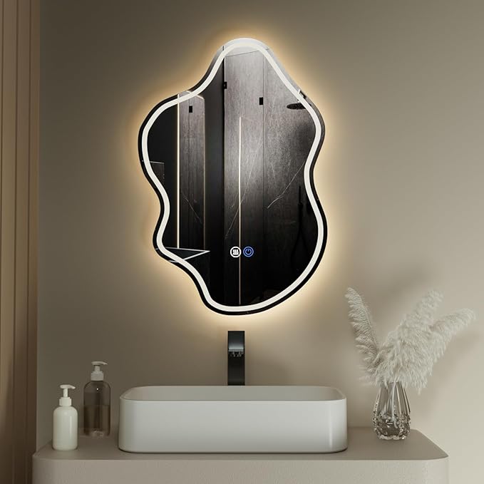 32"x 22" Irregular LED Bathroom Mirror with Lights,Cloud Smart LED Mirror for Bathroom,Dimmable Lighted Bathroom Mirror with Anti-Fog, Backlit and Front Lighted Asymmetrical Vanity Mirror