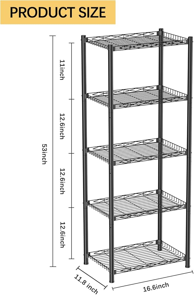 VETALLO Wire Shelving Units,5 Tier Metal Shelves,Storage Rack Small Shelf, Utility Narrow Standing Racks Unit for Kitchen,Garage, Pantry, Laundry,Bathroom,Closet Organizer (16.6" L x 11.8" W x 53" H)