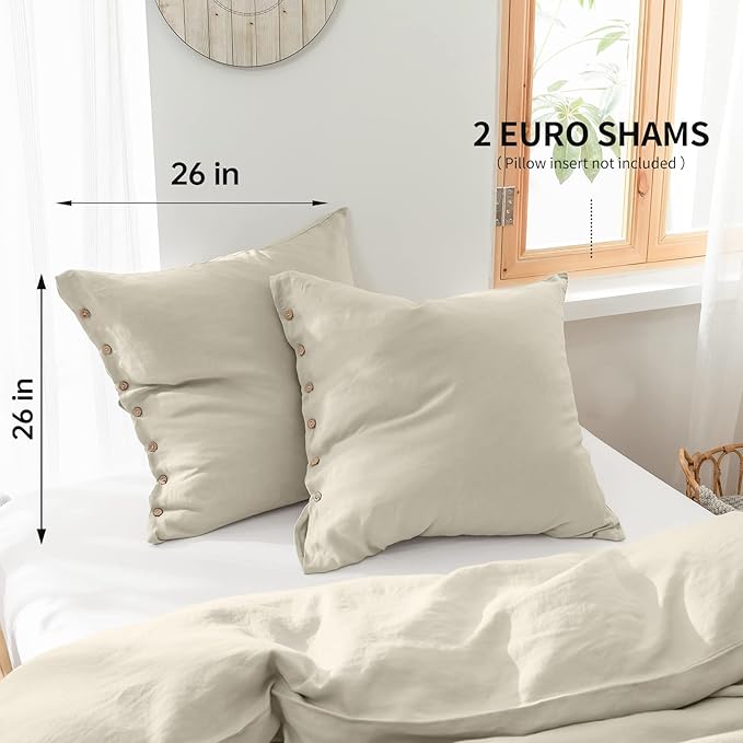 Simple&Opulence 100% Washed Linen Euro Sham Cover, 26 x 26 Inch, Decorative Bed Pillow Cover with Coconut Button, Solid Color Pillow Shams Set of 2 (Natural Linen)