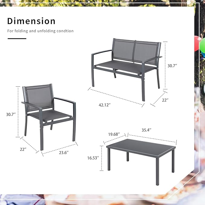 Shintenchi 4 Pieces Patio Furniture Set All Weather Textile Fabric Outdoor Conversation Set, with Glass Coffee Table, Loveseat, 2 Single Chairs for Home, Garden, Lawn, Porch（Gray）