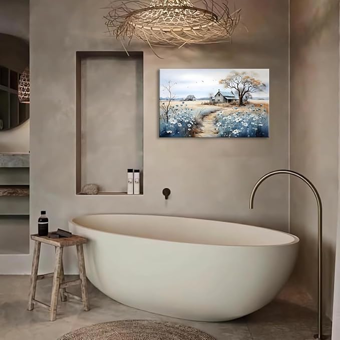 CYULWNNO Rustic Farmhouse Wall Art Beautiful Field Painting Pictures Decor Wildflower Barn Canvas Prints Nature Scenery French Countryside Poster for Bathroom Bedroom Living Room Wall Decor 12x16in Framed