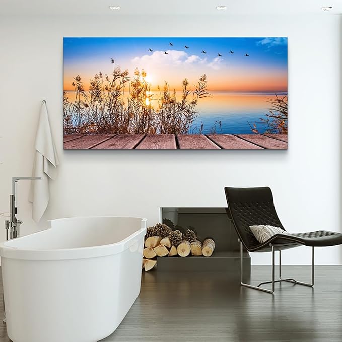 Wapluam Canvas Wall Art For Living Room Large Wall Decor For Office Bedroom Wall Decorations Blue Ocean Seascape Pictures Artwork Sun Seaview Poster Wall Painting Prints Works Home Decor 48 X 24 in