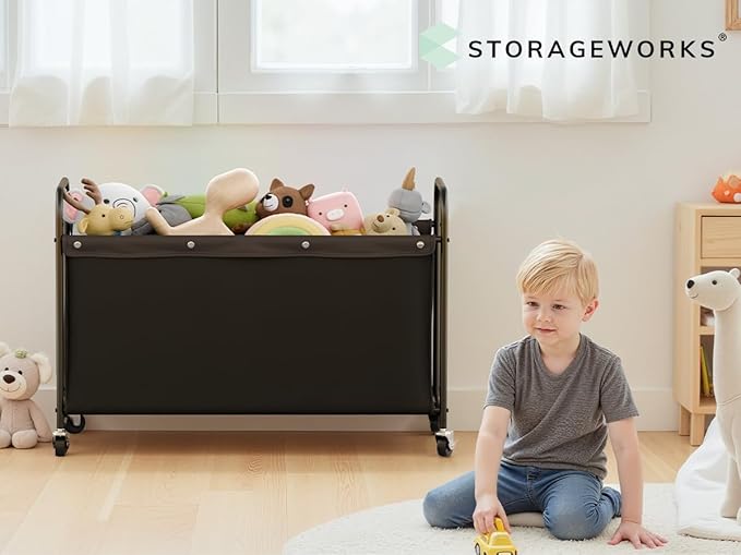 StorageWorks Toy Chest Storage with Wheels, Extra Large Kids Toy Box, Toy Storage Organizer, Metal Toybox for Bedroom, Living Room Area, Kids Room, 135L, Black