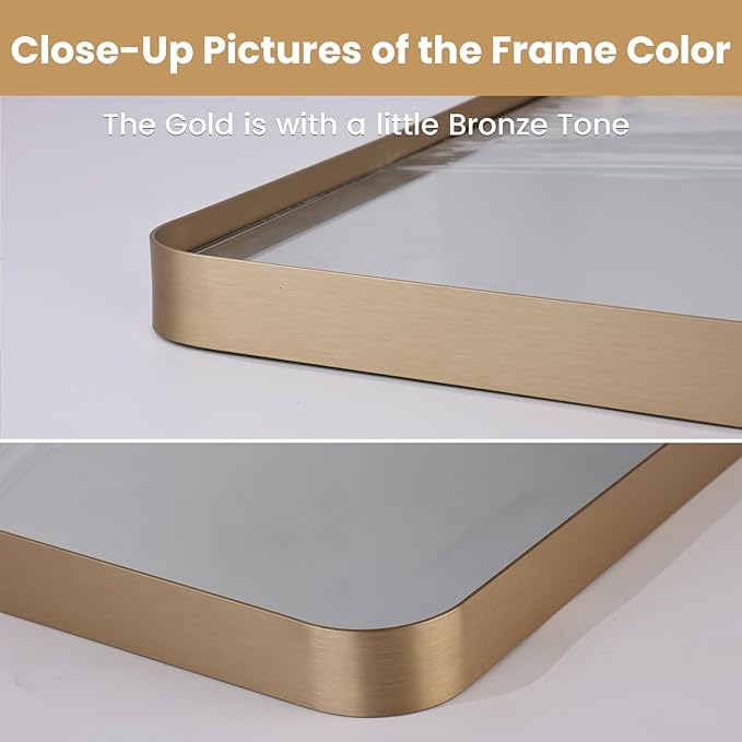 LOAAO 24”X36” Gold Bathroom Mirror, Rounded Rectangle Gold Frame Mirror, Brushed Gold Bathroom Vanity Mirror Wall-Mounted, Anti-Rust, Hangs Horizontally or Vertically