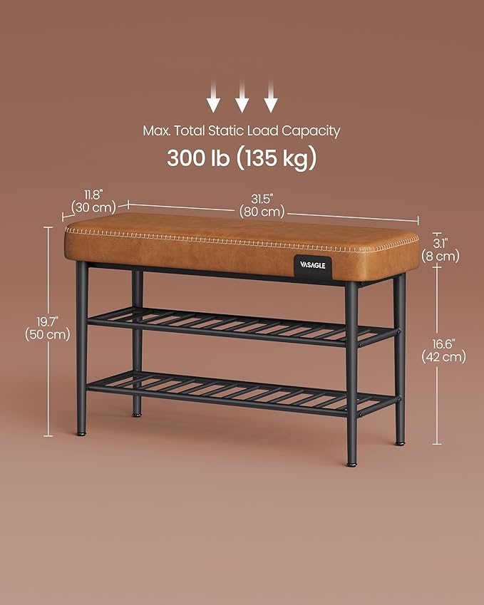 VASAGLE EKHO Collection - Shoe Rack Bench, Storage Bench for Entryway, Synthetic Leather with Stitching, Mid-Century Modern, Loads 300 lb, 11.8 x 31.5 x 19.7 Inches, Caramel Brown ULSB054K01