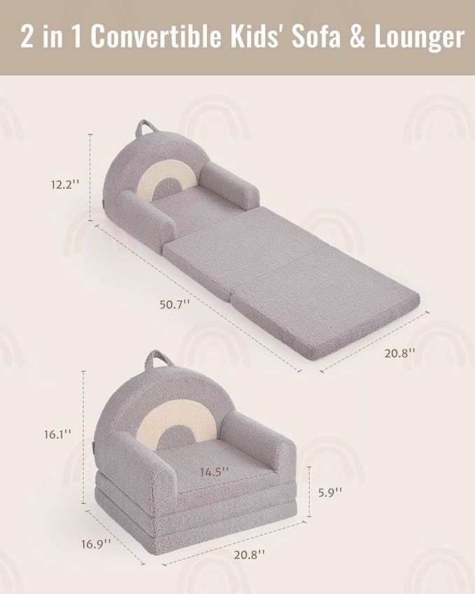 Blissful Diary Foldable Toddler Couch, 2-in-1 Comfy Toddler Chair & Lounger for Reading, Nap, Playroom, Kids Couch Sofa for 1 2 3+ Year Old Girls Boys Birthday Gift, Light Gray Arclet