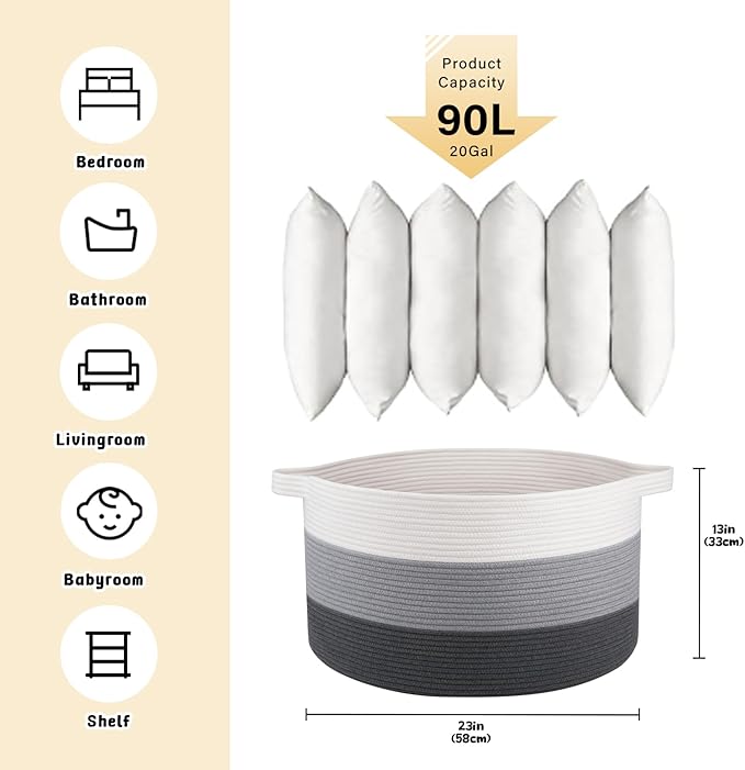 OIAHOMY Extra Large Storage Basket, 23" x 13" Woven Blanket Storage for Living Room, Round Laundry Basket for Pillow-Gardient Dark Grey