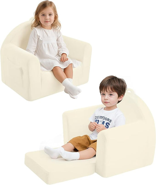 MeMoreCool Folding Toddler Chair, Comfy Plush Fold Out Kids Couch Sofa, Convertible Kid Sofa Bed, Flip Out Baby Recliner Foldable Children Sofa for Toddlers 1-4 Girls Boys, Beige