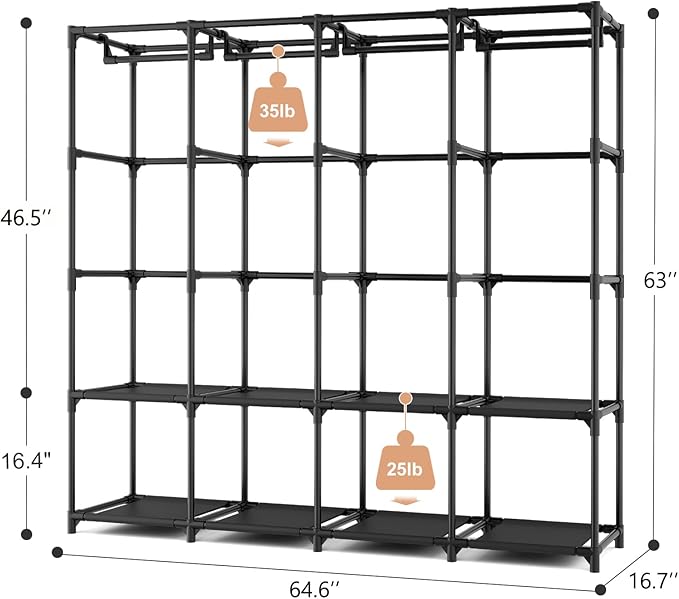 Portable Closet for Hanging Clothes, 67 Inch Wide Portable Wardrobe Closet with Cover, 4 Hanging Rod, Storage Shelves and Side Pockets, Large Free Standing Closet for Bedroom, Black