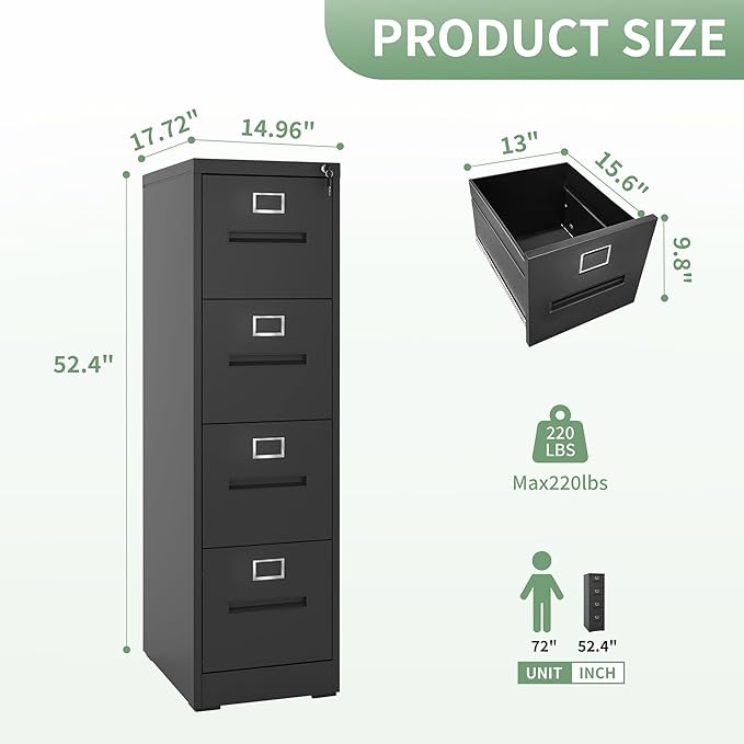 AQY 4 Drawer File Cabinet with Lock,Filing Cabinets for Home Office,Metal File Cabinet 18" Deep Vertical Storage Drawer for Hanging A4/F4/Letter/Legal Size Files, Assembly Require
