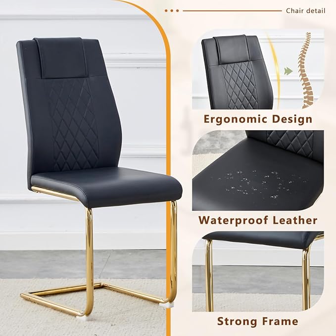 63'' Glass Dining Table Set for 4, Kitchen Table Chairs Set of 4, Clear Glass Dining Table with Black unique design Leg and Gold Metal Base, 4 PU Dining Chairs with Metal Legs, Living Room, Kitchen.