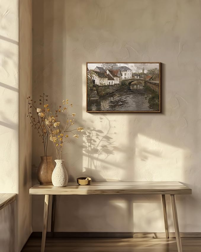 InSimSea Framed Canvas Wall Art Vintage Decor, Riverside Small Town Large Canvas Prints Home Decor, Rustic Farmhouse Hanging Wall Decor for Bedroom Living Room, 20"x30"