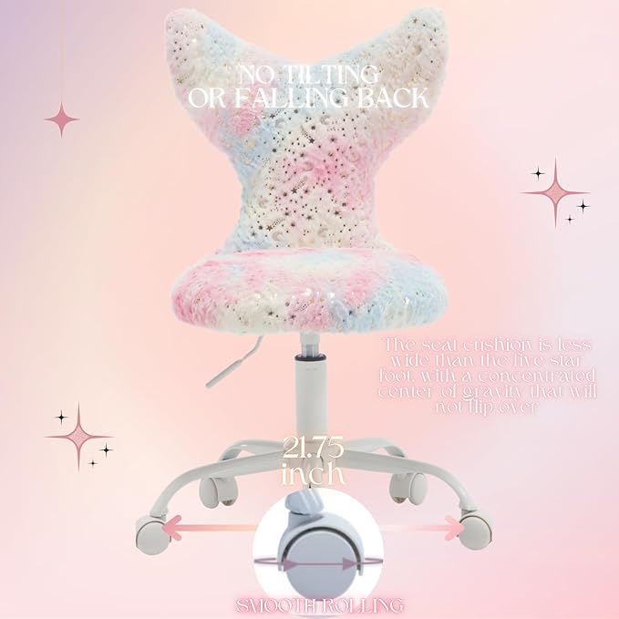 Fuzzy Desk Chair, Cute Swivel Children Desk Chair with Wheels for Kids Bedroom Upholstered Rolling Study Chair Adjustable Computer Chair Mermaid Back Vanity Chair for Teen Girls Boys, Star Colorful