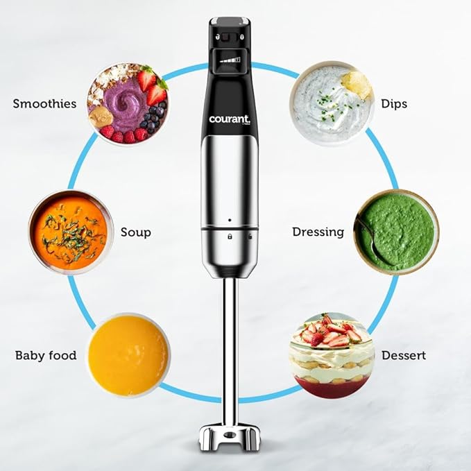 Courant Immersion Handheld Blender,4 in 1 400W Stick Blender, Variable Speed Stainless Steel Blades, Blending shaft Whisk,Chopper,Masher, Beaker Stainless Steel, LED Display
