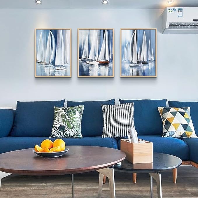 Natural Wood Framed Wall Art For Living Room Wall Deco For Bedroom Office Decor Wall Hanging Decor Abstract Seascape Painting Sailboat Pictures Artwork Home Decorration 3 Piece Framed Art Prints