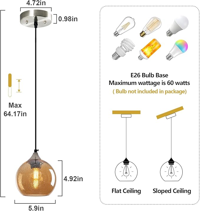 Amber Glass Pendant Lights Kitchen Island Globe Pendant Light Fixtures Modern Pendant Lighting for Bedroom Living Dining Room Light Fixture (5.9 in, 1 Pack)