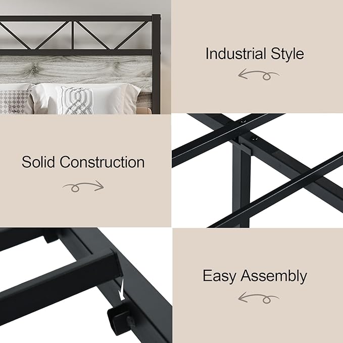 Bed Frame Queen Size, Queen Bed Frames with 51.2" Tall Industrial Headboard, Queen Platform Bed Frame with Strong Steel Slats Support, Noise Free, No Box Spring Needed, Easy Assembly, Rustic Brown