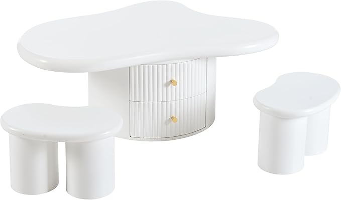 WILLIAMSPACE 38.2" Cloud Coffee Table Set of 3, Modern Irregular Shape Coffee Table with 2 Drawers & 2 Small Stools, Storage Center Table Accent Side End Table for Living Room Apartment, White
